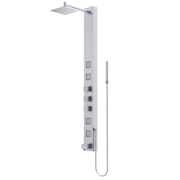 Bowery 58 in. H x 5 in. W 4-Jet Shower Panel System with Square Rainhead, Tub Filler and Hand Shower in Stainless Steel