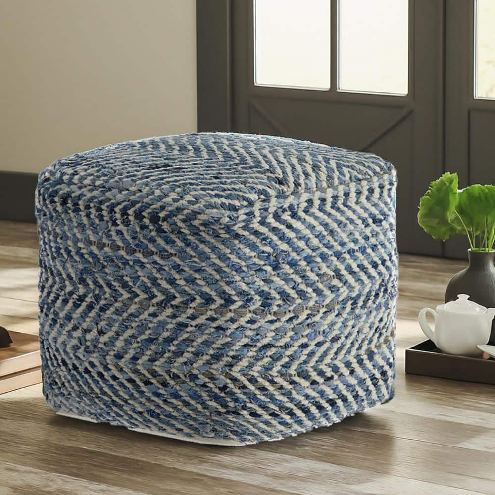 Contemporary Blue Denim Woven Pouf Ottoman 18"