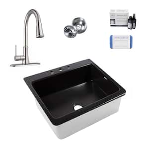 Jackson 25 in. 3-Hole Drop-In Single Bowl Matte Black Fireclay Kitchen Sink with Pfirst Faucet Kit