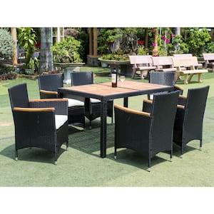 Black 7-Piece Wicker Outdoor Dining Set with Wood Table Top and White Cushions