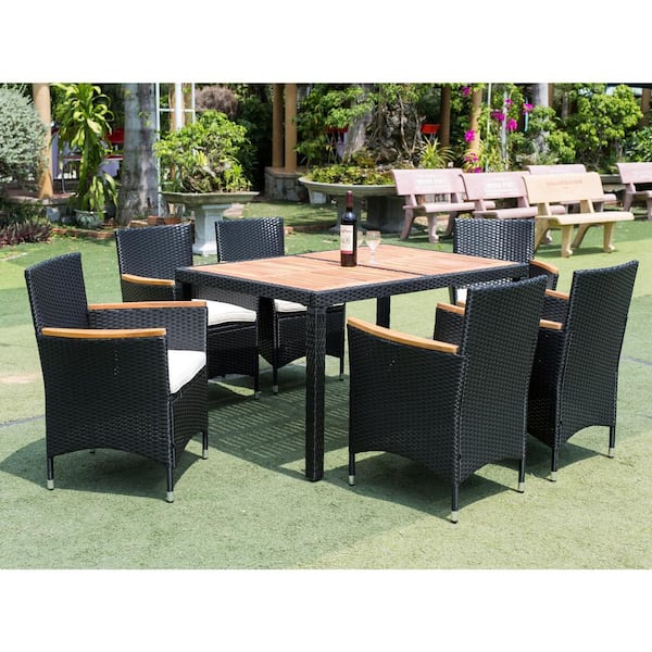 Cesicia Black 7-Piece Wicker Outdoor Dining Set with Wood Table Top and White Cushions