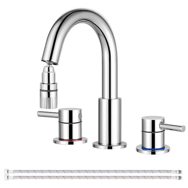 AKLFGN Double Handles 8 in. Widespread Bathroom Sink Faucet 3-Hole with Pull Out Sprayer in Polish Chrome