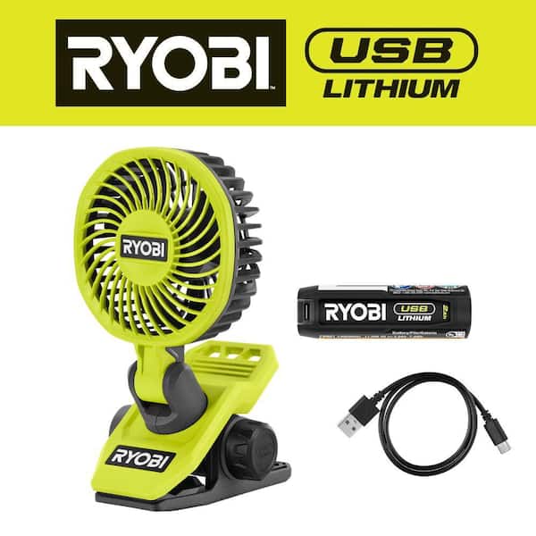 RYOBI USB Lithium Clamp Fan Kit with 2.0 Ah USB Lithium Battery and Charging Cable