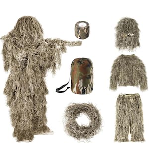 6 in 1 Kids Dry Grass Ghillie Suit, 3D Camouflage Hunting Apparel Including Jacket, Pants, Hood, Carry Bag