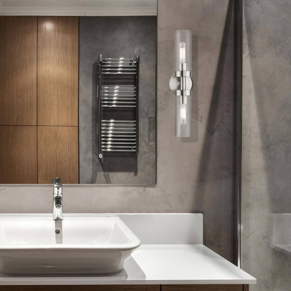 Ludlow Minimalist Brushed Nickel 2-Light Vanity with Clear Glass Shades