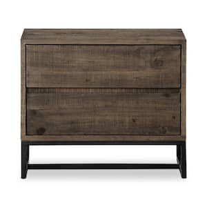 Helen, 26 in. x 16 in. x 22 in. Nightstand Rustic Solid Pine with Metal Base, Dual Drawer, Light Brown