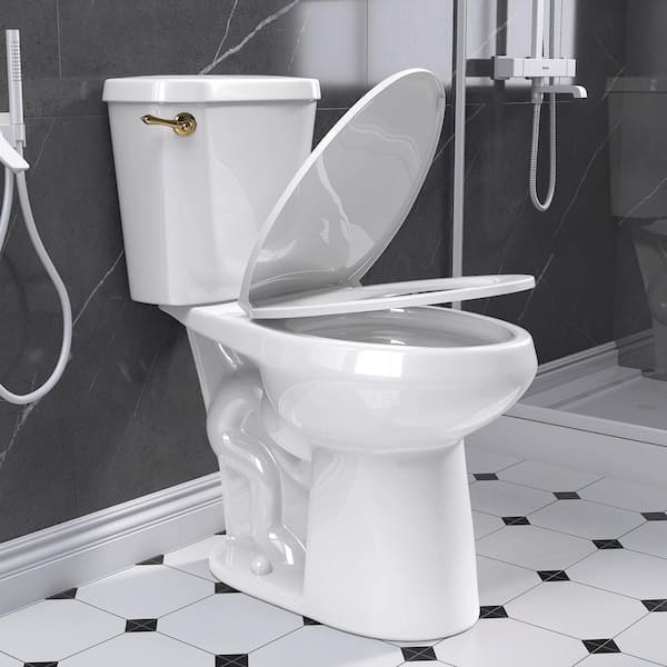 NTQ 2-Piece 1.28 GPF 19 in. Height Single Flush Elongated 12-in. Rough-in Modern Toilet in White Seat Included Gold Handle