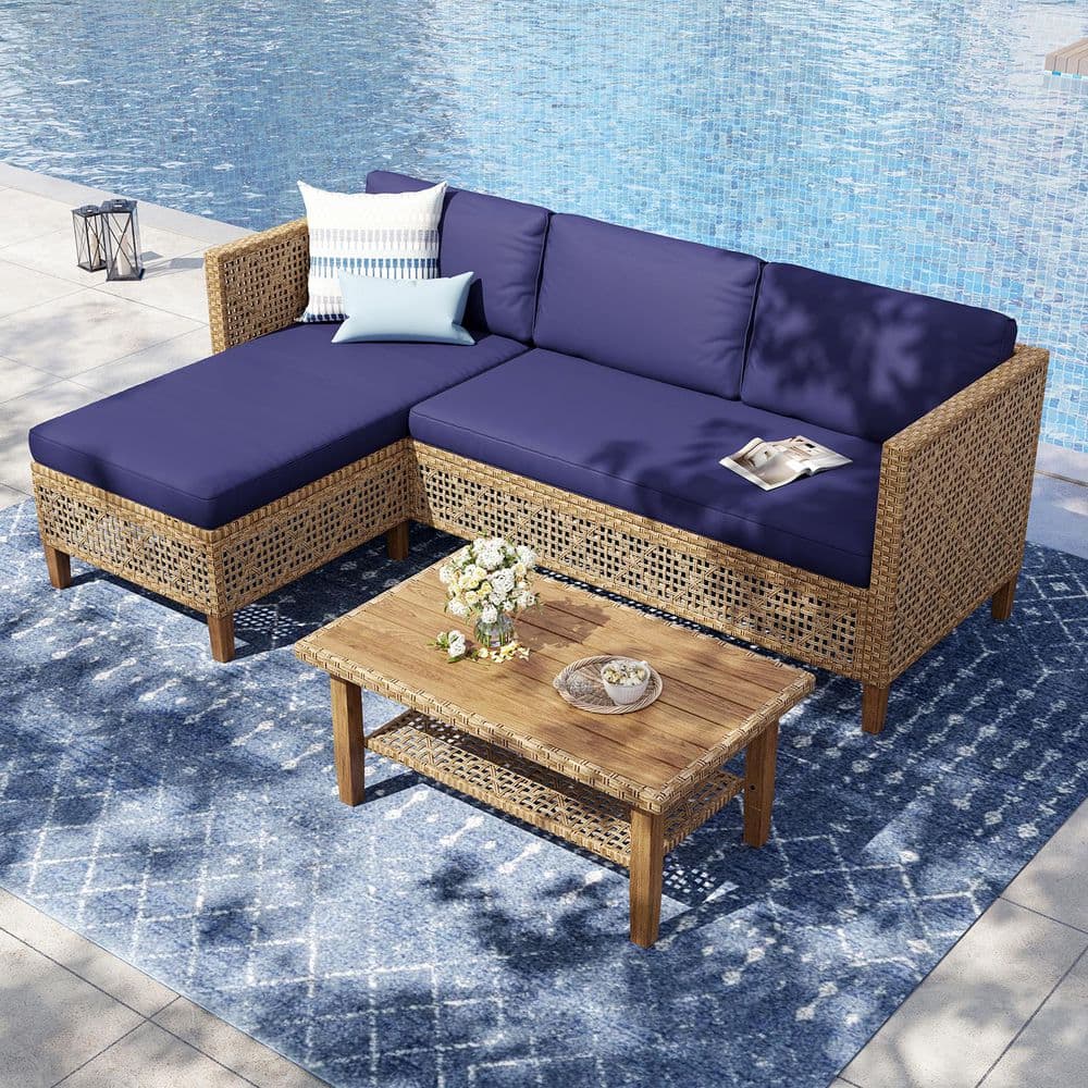 PHI VILLA Brown 3-Piece Wood Outdoor Wicker Patio Conversation