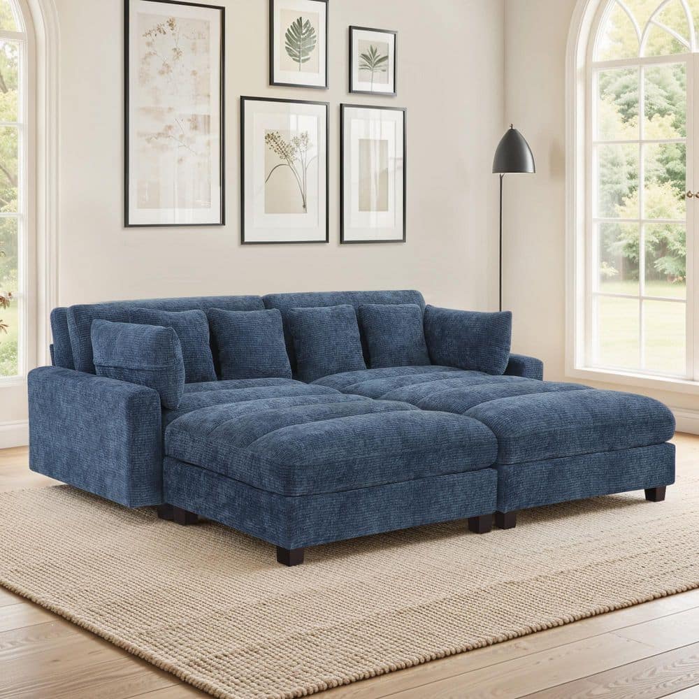 Panner 89 in. Square Arm Chenille 4-Piece Upholstered Rectangle Sectional Sofa in. Navy with 2 Moveable Ottoman