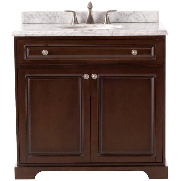 Home Decorators Collection Highclere 36 in. W x 22 in. D Vanity in Cocoa with Carrera Marble Vanity Top in White with White Sink