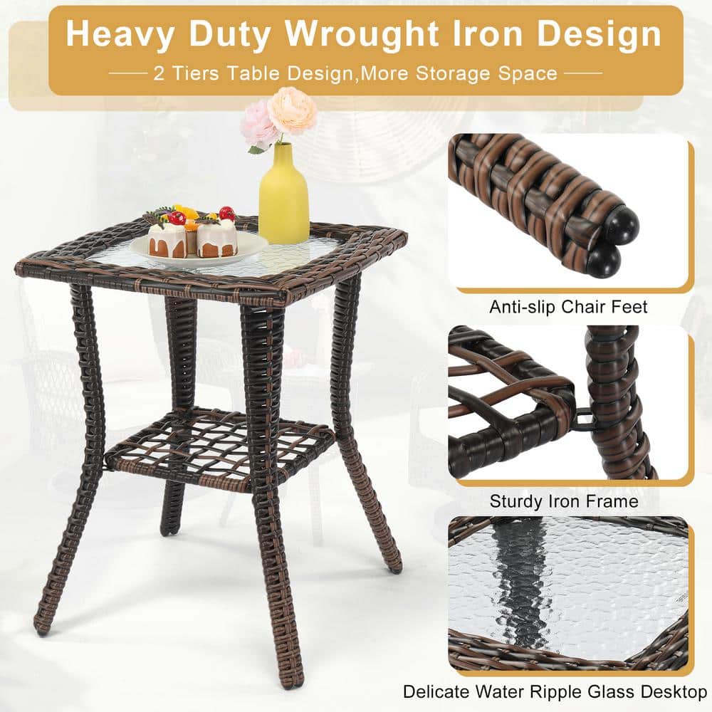 Brown Gradient Wicker Patio Bistro Set with Cushions and Glass Table