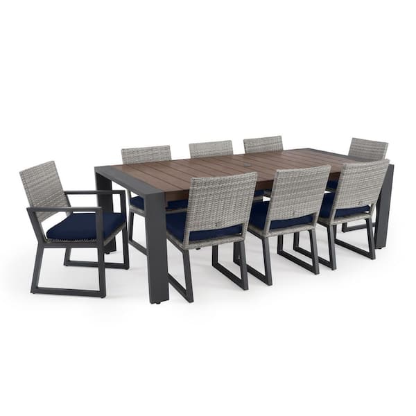 RST BRANDS Milo Grey 9-Piece Wicker Outdoor Dining Set with Sunbrella Navy Blue Cushions