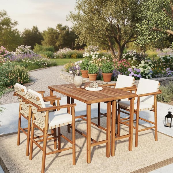 All-Weather 6-Piece Acacia Wood Outdoor Bar Set, Patio Dining Set