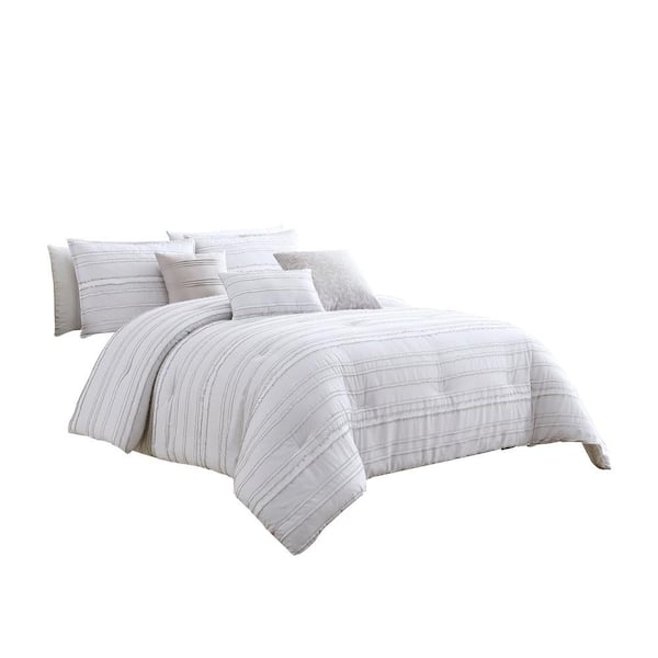 Benjara 6- Piece White and Gray Solid Print Cotton Queen Comforter Set