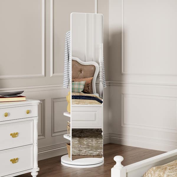 GOGEXX 360 Rotating Floor Mirror with Coat Hooks,Shelves Bedroom and Entryway,White 19.7 in. W x 69 in. H Full-Length Mirror