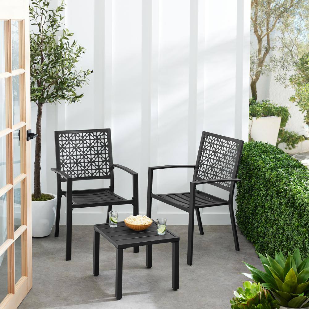 Black Steel 3-Piece Outdoor Bistro Set with Geometric Design