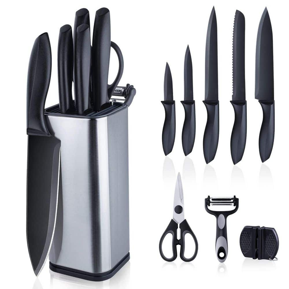 10-Piece Black Stainless Steel Kitchen Knife Set with Block for Cooking, Slicing, Mincing and Dicing - Thumbnail 3