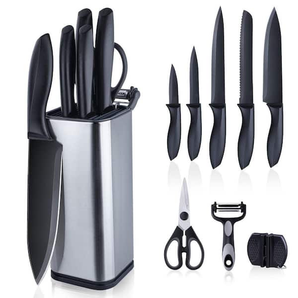 Wudkey 10-Piece Black Stainless Steel Kitchen Knife Set with Block for Cooking, Slicing, Mincing and Dicing