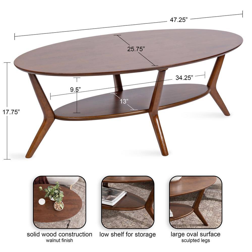 Walnut Brown Mid-Century Modern Oval Coffee Table with Storage