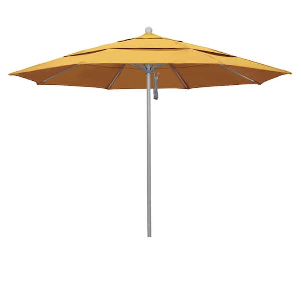 California Umbrella 11 ft. Gray Woodgrain Aluminum Commercial Market Patio Umbrella Fiberglass Ribs and Pulley Lift in Yellow Pacifica