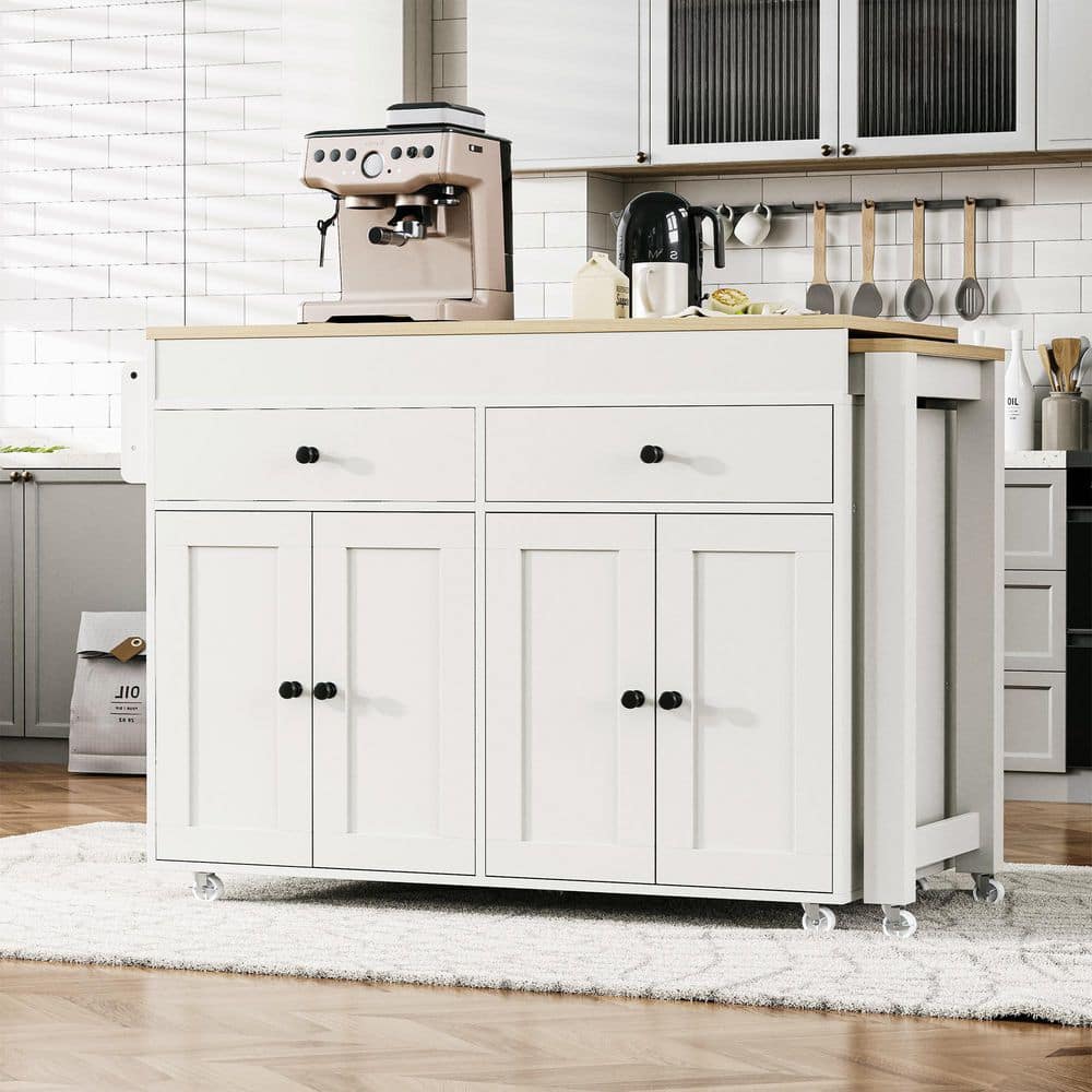 Rolling White Wood Extendable Dining Table 74.5 in. Kitchen Island