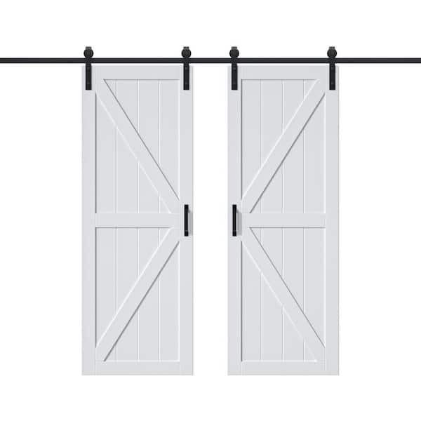 EH PUERTA 60 in. x 84 in. White Primed MDF K-Shape Interior Barn Door Slab with Rustic Hardware Kit