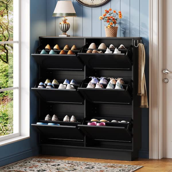 49.2 in. H x 41.3 in. W Black Wood Shoe Storage Cabinet with 6 Flip Drawers, Adjustable Shelf, 3 Hooks