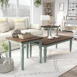 Tayson 3-Piece Antique Blue and Oak Wood Coffee Table Set