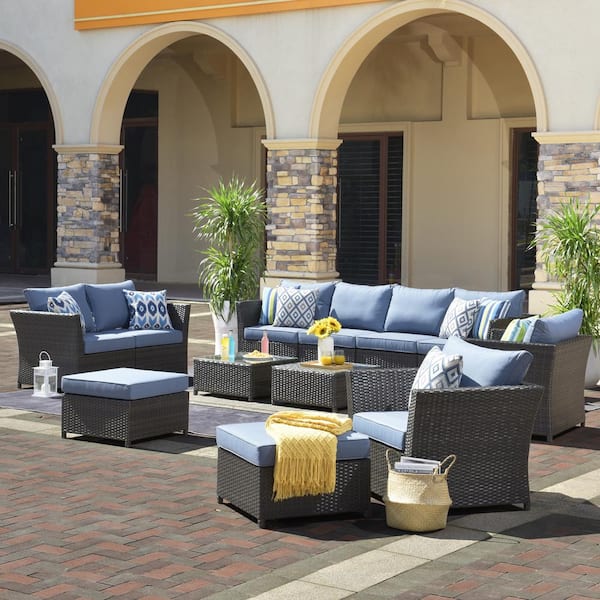 OVIOS Suvius 12-Piece Wicker Outdoor Patio Conversation Seating Set with Blue Cushions