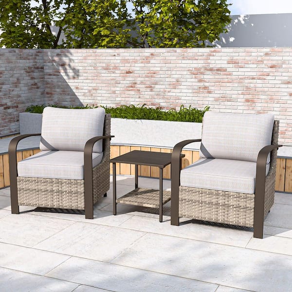 COOS BAY 3-Piece Ergonomic Armrest Brown Patio Wicker Outdoor Lounge Chair Conversation Set with Beige Cushion, Side Table