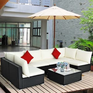 7-Piece Rattan Patio Conversation Set Sectional Sofas with Off White and Grey Cushion Covers
