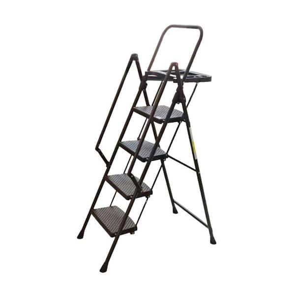 59. 44in. Indoor and Outdoor Black Foldable 4-Level Steel Step Stool Ladder with Non-Slip Treads and Tool Tray