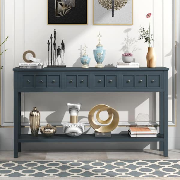 Harper & Bright Designs Vintage 60 in. Navy Rectangle Wood Console Table with Drawers and Open Shelf