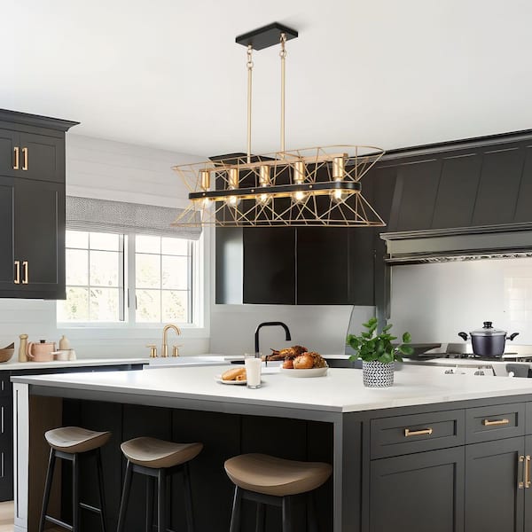 Modern Industrial 39.4 in. W 5-Lights Black Island Lamp, Chandelier Lighting with Gold Caged Metal Shade Dinging Room
