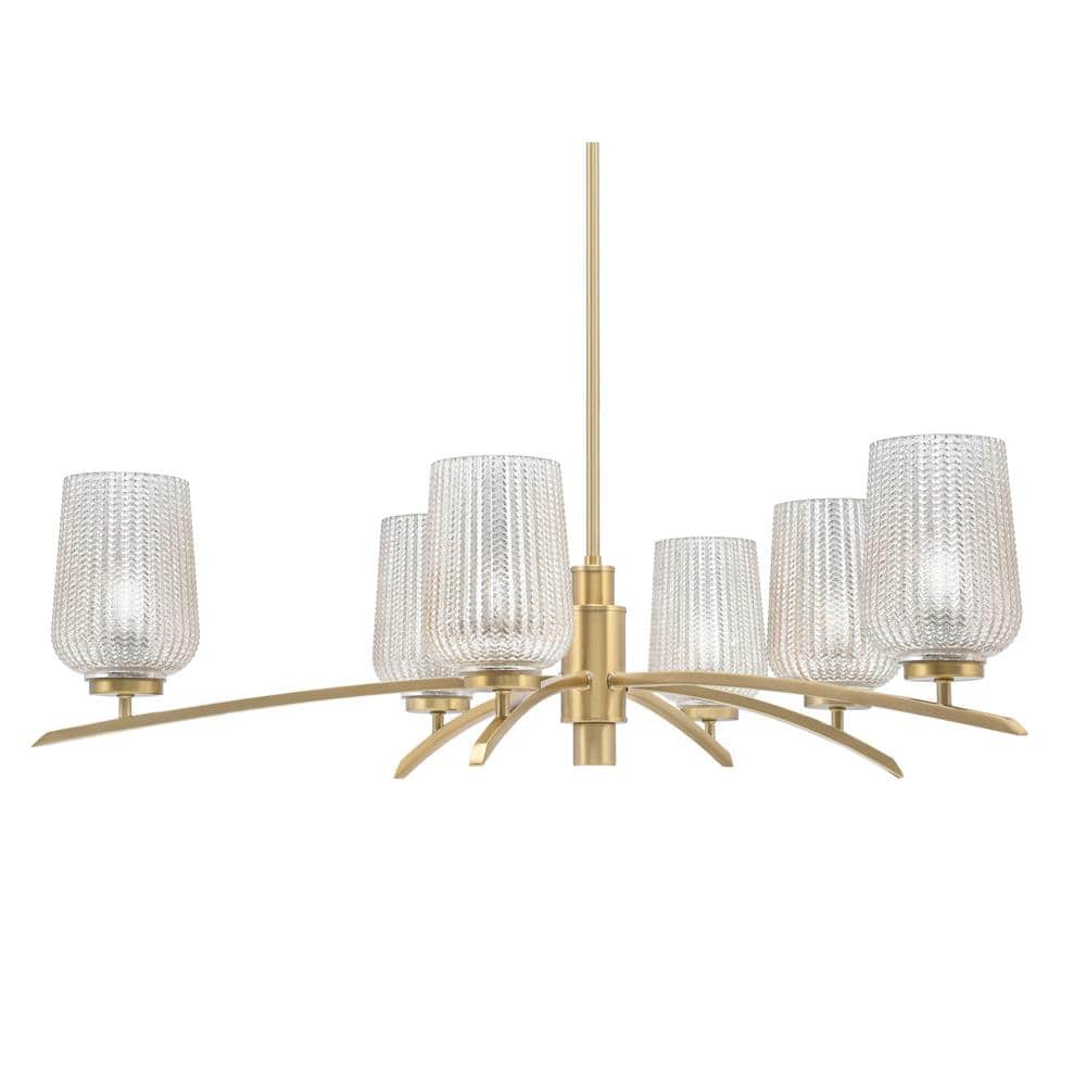 Siena 31 in. 6 Light New Age Brass Chandelier with Silver Textured Glass Shades