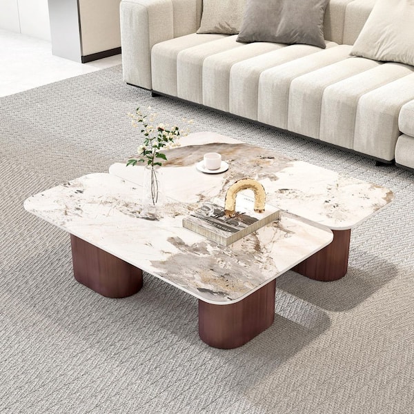 Modern 39 in. Square Pandora Sintered Stone Coffee Table Rounded Edge with Non-Slip Feet for Living Room
