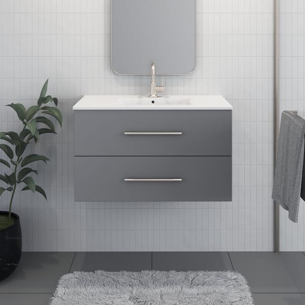 VOLPA USA AMERICAN CRAFTED VANITIES Napa 32 in. W. x 18 in. D Single Sink Bathroom Vanity Wall Mounted in Gray with Ceramic Integrated Countertop