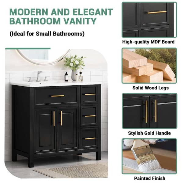 36 in. Single Sink Black Bath Vanity with White Ceramic Top (Self Assembly Needed)