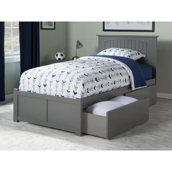 AFI Nantucket Grey Twin Solid Wood Storage Platform Bed with Flat Panel Foot Board and 2 Bed Drawer