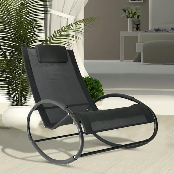 Rocking Steel Sling Patio Lounge Chair in Black Orbital Zero Gravity Seat Pool Chaise with Pillow