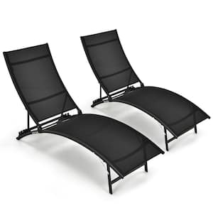 Folding Metal Outdoor Lounge Chair Recliner Adjustable Stackable Deck Black (Set of 2)