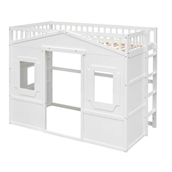 Polibi Twin Size House Loft Bed with Ladder-White