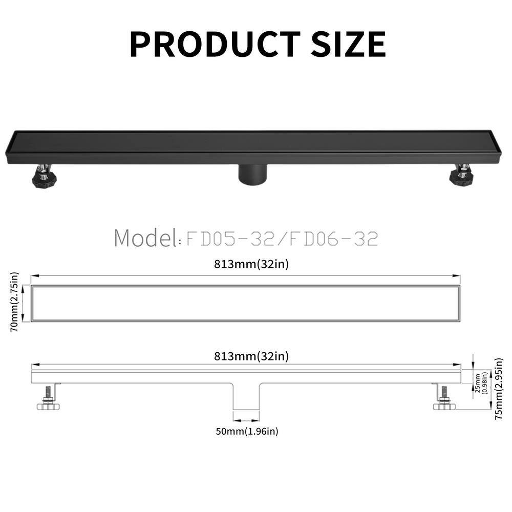 32'' Matte Black Stainless Steel Linear Shower Drain with Slot Pattern Cover