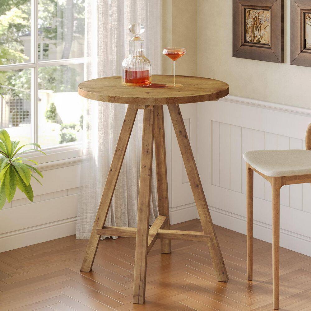35.43 in. H Solid Wood Brown Round Bar Table Seats 2, Pub Bistro Table for Cafe, Dining Room, Kitchen, Living Room