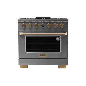 36 in. 5.2 cu.ft. 6-Burners Dual Fuel Range Natural Gas in Stainless Steel with Gold Accents and Digital Dial Thermostat