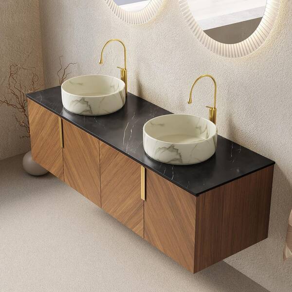 Yingze 60 in. Wall-Mounted Double Sink Brown Oak Bath Vanity with