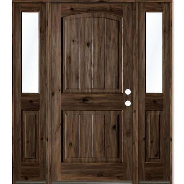 Krosswood Doors 70 in. x 80 in. Rustic knotty alder 2 Panel Left-Hand/Inswing Clear Glass Black Stain Wood Prehung Front Door with DHSL