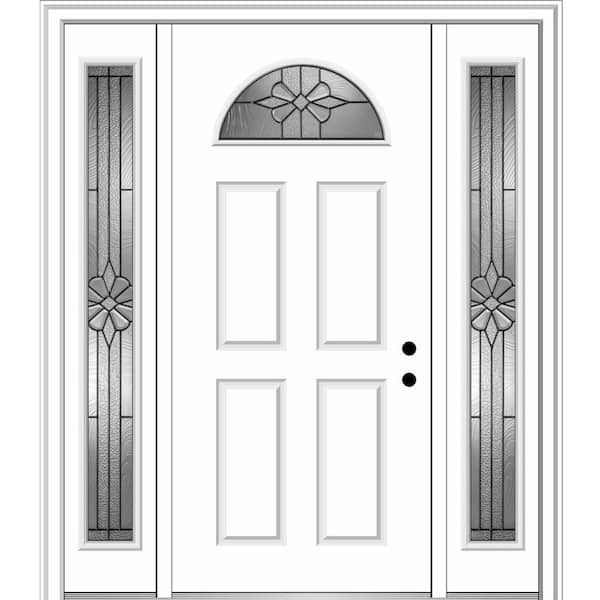 MMI Door 60 in. x 80 in. Dahlia Left Hand Inswing Fan-Lite Decorative 4-Panel Primed Steel Prehung Front Door with Sidelites