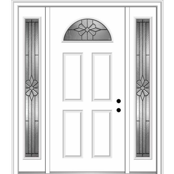 MMI Door 64 in. x 80 in. Dahlia Left Hand Inswing Fan-Lite Decorative 4-Panel Primed Steel Prehung Front Door with Sidelites