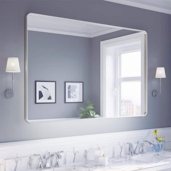 40 in. W x 60 in. H Rectangular Aluminum Framed Modern Silver Rounded Wall Mirror